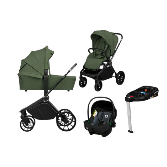 Carucior 4 in 1, Lionelo, Mika Plus, Cu landou intarit si salteluta moale, Cu scoica auto testata ADAC, Baza isofix pentru scoica, Reversibil, Sistem de ventilatie 3D, Cu accesorii, Pana la 22 kg, EN1888-1 EN1888-2 EN1466 ECE R129, Verde