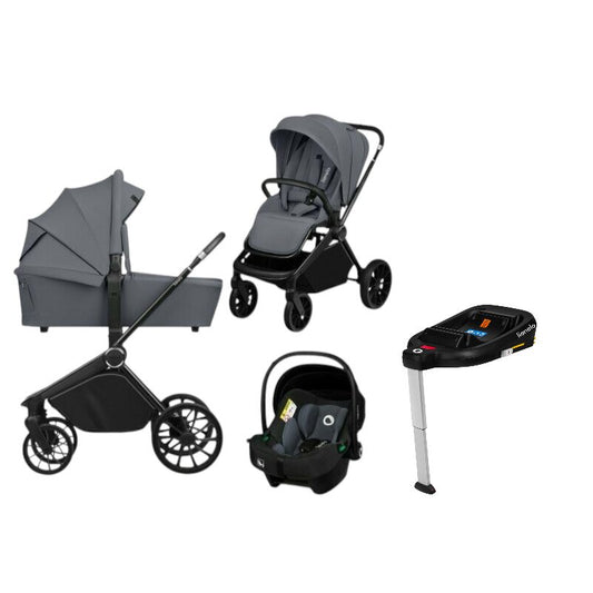 Carucior 4 in 1, Lionelo, Mika Plus, Cu landou intarit si salteluta moale, Cu scoica auto testata ADAC, Baza isofix pentru scoica, Reversibil, Sistem de ventilatie 3D, Cu accesorii, Pana la 22 kg, EN1888-1 EN1888-2 EN1466 ECE R129, Gri