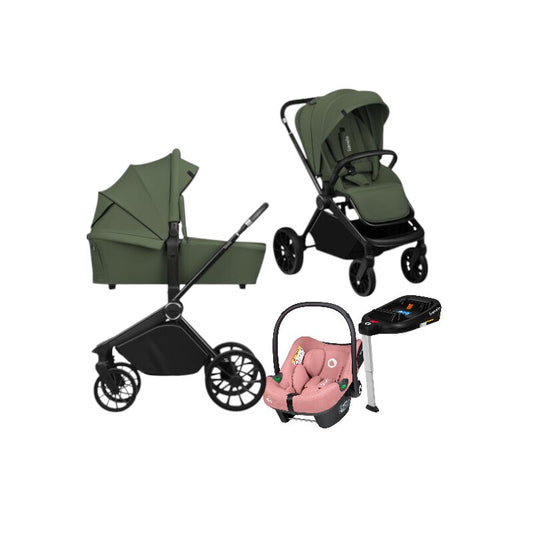 Carucior 4 in 1, Lionelo, Mika Plus, Cu scoica auto Roz testata ADAC + Baza Isofix, Reversibil, Cu sistem de ventilatie 3D, Cu accesorii, Pana la 22 kg, EN1888-1 EN1888-2 EN1466 ECE R129, Verde