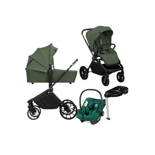 Carucior 4 in 1, Lionelo, Mika Plus, Cu scoica auto Verde testata ADAC + Baza Isofix, Reversibil, Cu sistem de ventilatie 3D, Cu accesorii, Pana la 22 kg, EN1888-1 EN1888-2 EN1466 ECE R129, Verde