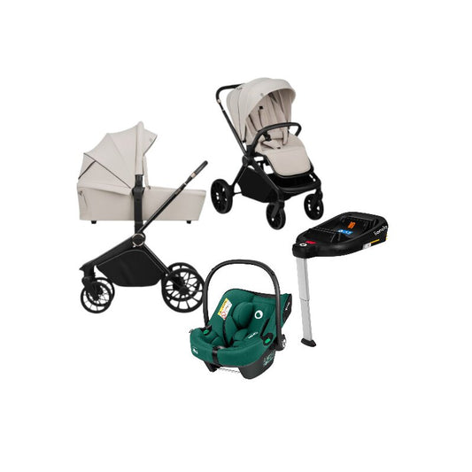 Carucior 4 in 1, Lionelo, Mika Plus, Cu scoica auto Verde testata ADAC + Baza Isofix, Reversibil, Cu sistem de ventilatie 3D, Cu accesorii, Pana la 22 kg, EN1888-1 EN1888-2 EN1466 ECE R129, Bej