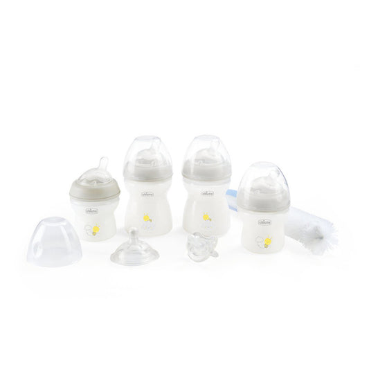 Set biberoane, Chicco, Include 2 x biberoane 150 ml, 2 x biberoane 250 ml, 1 x tetina, 1 x suzeta, 1 x perie de curatare, Silicon, 0 luni+, Transparent