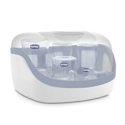 Sterilizator, Chicco, Pentru microunde, In 3-8 minute, Capacitate de pana la 5 biberoane, Protectie impotriva germenilor timp de 24h, Include cleste, 28x24x17 cm, Gri