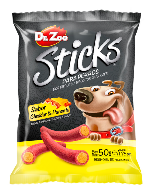 Dr Zoo Sticks, recompense caini, Cheddar si Bacon, 50 g