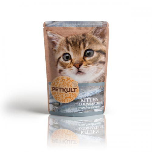 Hrana umeda pentru pisici junioare Petkult cu Cod si Sardine, 100 g