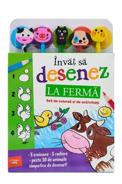 Învăț să desenez. La fermă. Set de colorat și de activități (conține 5 creioane și 5 radiere) - Litera mică