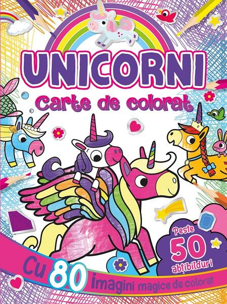 Unicorni. Carte de colorat cu peste 50 abțibilduri - Flamingo