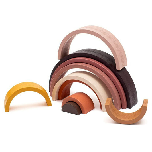 Jucarie pentru stivuire Montessori, Baby Mix, Curcubeu, Stimuleaza abilitatile motorii fine si coordonarea ochi-mana, Din lemn, 7 piese, Brown
