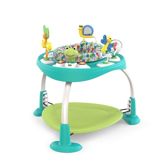 Jumper interactiv, Bright Starts, Playful Pond 2 in 1, Scaun rotativ 360, Inaltime reglabila in 3 pozitii, Cu sunete si lumini, Cu 7 jucarii, Cu trambulina detasabila, 88x88 cm, 12 luni+, Multicolor
