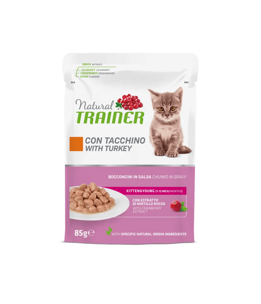 Natural Trainer, Kitten & Young cu Bucati de Curcan in Sos, 85 g