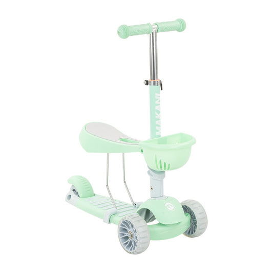 Trotineta, Makani, BonBon 3 in 1, Utilizare cu/fara sezut, Cu roti cu led si cos depozitare detasabil, 18-36 luni, Conform cu standardele europene de securitate EN 71-1/2/3, Mint