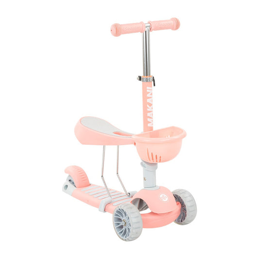 Trotineta, Makani, BonBon 3 in 1, Utilizare cu/fara sezut, Cu roti cu led si cos depozitare detasabil, 18-36 luni, Conform cu standardele europene de securitate EN 71-1/2/3, Roz