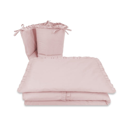 Lenjerie patut cu 3 piese, MimiNu, Pentru patut 120x60 cm, Cu volanase, Cu protectie laterala, Din bumbac certificat Oeko Tex Standard 100, Colectia Royal, Powder Pink
