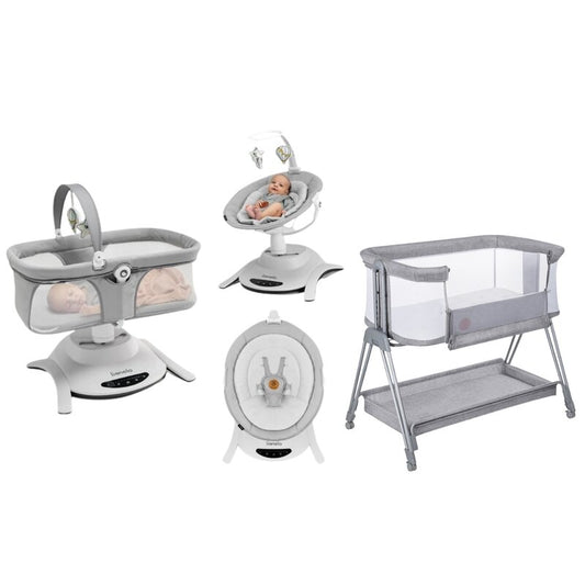 Pachet complet pentru primele zile, Balansoar si landou, Lionelo, Bella, 2 in 1, Rotire 360 grade, Scaun reglabil, 6 miscari unice + Patut co-sleeper, Lionelo, Luna, 2 in 1, Cu laterala culisanta, Cu setare unghiulara, Gri
