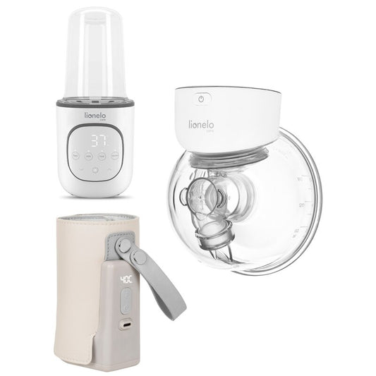 Pachet pentru hranire, Incalzitor biberoane, Lionelo, ThermUp 2.0, 5 in 1 + Pompa de san, Lionelo, Fidi Free Simple, Portabila, Cu accesorii, Hands-free + Incalzitor biberoane, Lionelo, ThermUp Go Plus, Portabil, Alb/Bej