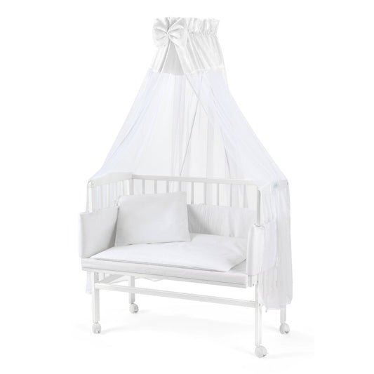 Patut pentru copii 2in1, 90 cm x 55 cm, lemn de fag, vopsea certificata, roti blocabile, laterala detasabila, co-sleeping, Saltea inclusa, Aparatoare laterala din bumbac, Baldacin cu Suport Metalic, Waldin, Equipment, Alb, 88