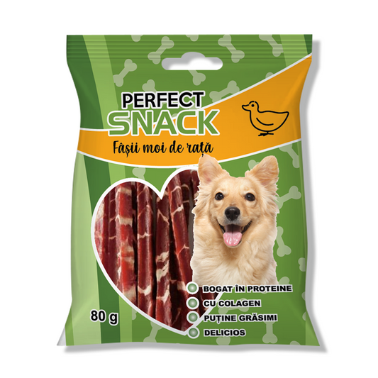 Hrana complementara pentru caini, Perfect Snack, fasii moi de rata, 80 g