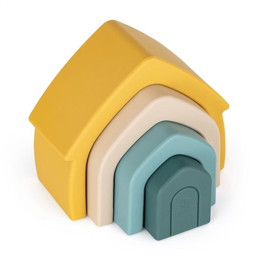 Jucarie pentru stivuire, Petite&Mars, Casuta, 11 5x10x5 cm, Silicon, Fara BPA, 4 piese, 12 luni+, Galben