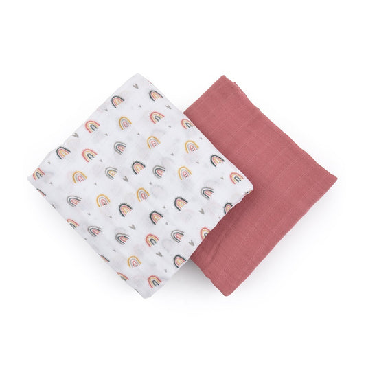 Set 2 scutece, Petite&Mars, Misty Rose Rainbow, Din muselina de bambus, Hipoalergenice, Dimensiuni mari 120 x 120 cm, Certificate Oeko Tex Standard 100, Multicolor