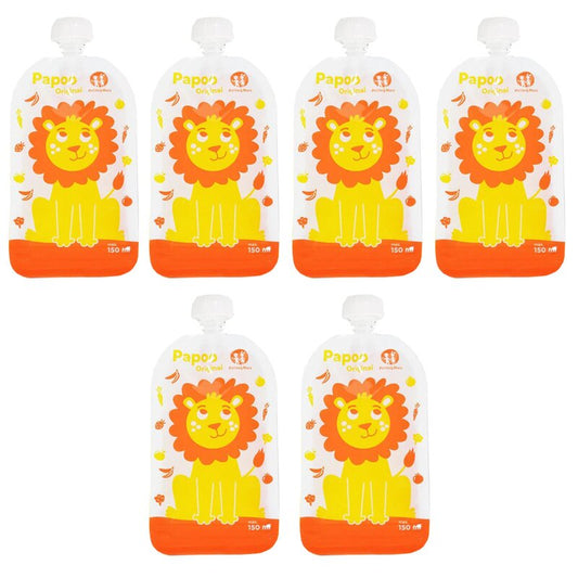 Set 6 pungi reutilizabile, Petite&Mars, Pentru hranire, Cu leuti, Inchidere ermetica, 20x10 cm, 150 ml, Papoo Portocaliu