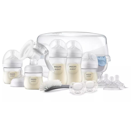 Pompa manuala de san, Philips Avent, Set cadou cu biberoane anticolici Natural Response, suzete si sterilizator microunde, Fara BPA, 0 luni+, Alb