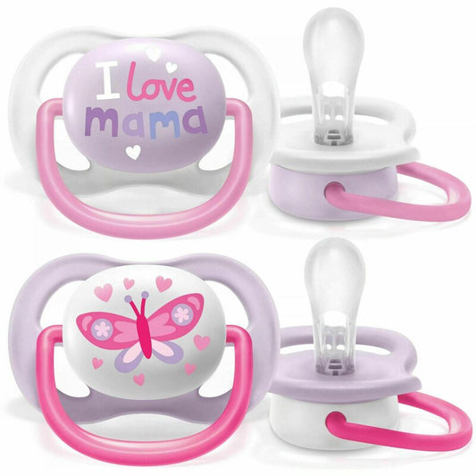 Set 2 suzete, Philips Avent, Ultra air, 0-6 luni, Din silicon, fara BPA, Includ cutie pentru depozitare, Roz