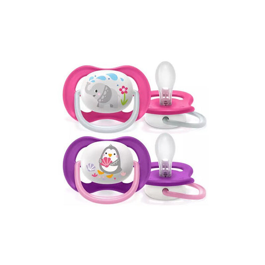 Suzete set, Philips Avent, Ultra air, 2 buc, 6-18 luni+, Din silicon, Cu desene, Roz/Mov