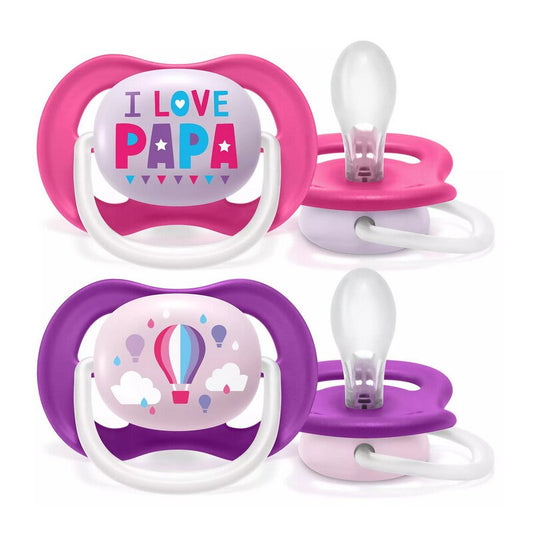 Suzete set, Philips Avent, Ultra air, 2 buc, 6-18 luni+, Din silicon, Mov si Roz