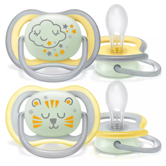 Suzete set, Philips Avent ultra air fosforecente, 18 luni+, Din silicon, Ortodontice, Fara BPA, 2 bucati, Multicolor