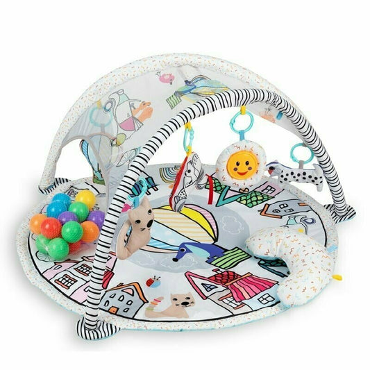 Salteluta interactiva, Qmini, Abby, Cu muzica, 20 bile, 6 jucarii, Pentru activitati educationale, 85x85 cm, Multicolor