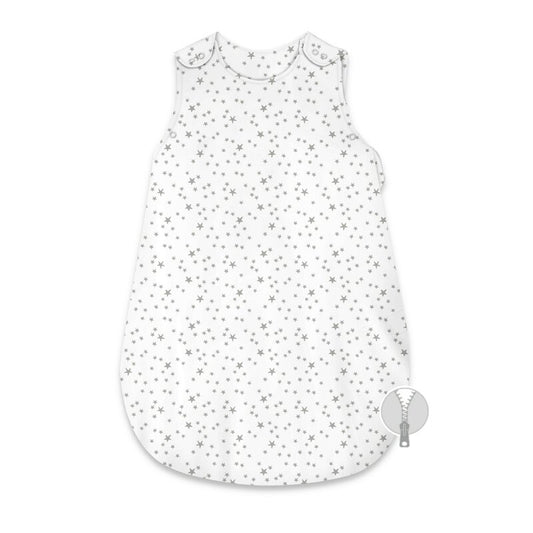 Sac de dormit, MimiNu, Pentru bebelusi, De iarna, Din bumbac certificat Oeko Tex Standard 100, Cu fermoar lateral, Cu capse pe umar, 74 cm, 0 - 6 luni, 2.5 Tog, Mini Gray Stars
