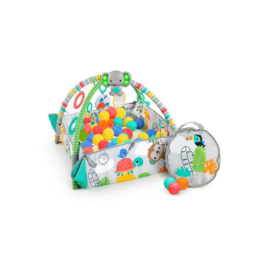 Salteluta interactiva, Bright Starts, 5 in 1, Cu arcada jucarii detasabila si bile, 5 moduri de joaca, 111x100x46 cm, 0 luni+, Albastru