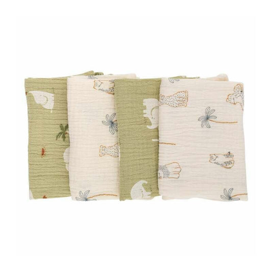 Set 4 lavete, Bubaba, Din muselina, Dimensiune 40x40 cm, Pentru spalarea si ingrijirea fetei si a corpului bebelusului dupa masa sau baita, Green/Beige