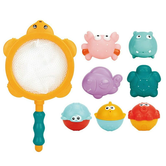 Set 8 jucarii de baie, Baby Mix, Include o plasa si 8 animalute vesele si colorate, Cu o gaura prin care puteti pulveriza apa, Inaltime jucarie 4-5 cm, 6 luni+, Multicolor
