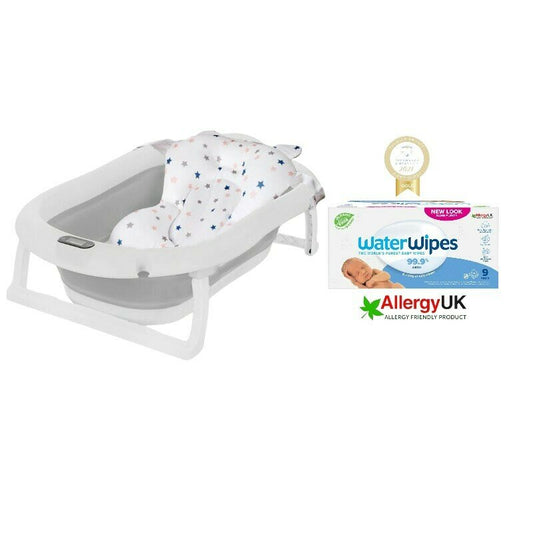 Set cadita bebe, Primabobo, Genua Premium, cu termometru, dop si suport anatomic, Gri + servetele umede Water Wipes, biodegradabile, fara alcool, plastic si parfum, 540 bucati, pe baza de apa