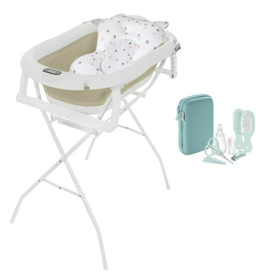 Set cadita pliabila, Primabobo, Genua Premium, cu termometru, dop si suport anatomic, Bej+ suport pliabil + set ingrijire Philips Avent, 9 accesorii, 0 luni+