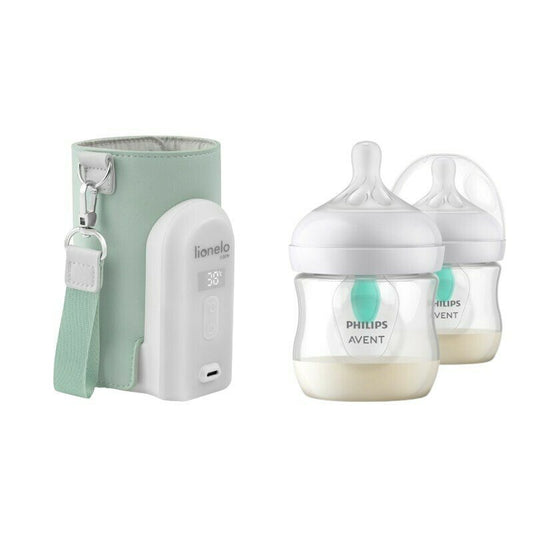 Set incalzitor biberoane, Lionelo, ThermUp Go Evo, USB, 5 trepte incalzire, Verde + 2x biberoane, Philips Avent, Cu supapa AirFree, 0 luni+, 125 ml, Alb