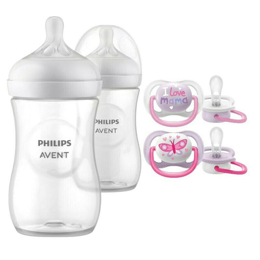 Set ingrijire Philips Avent: Biberon anticolici, Natural Response, 260 ml, 1 luni+, 2 buc + Suzete Ultra Air, 2 buc, 0-6 luni, Din silicon, Roz
