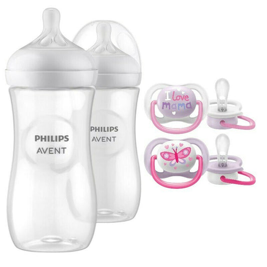 Set ingrijire Philips Avent: Biberon anticolici, Natural Response, 330 ml, 3 luni+, 2 buc + Suzete Ultra Air, 0-6 luni, Din silicon, fara BPA, Roz