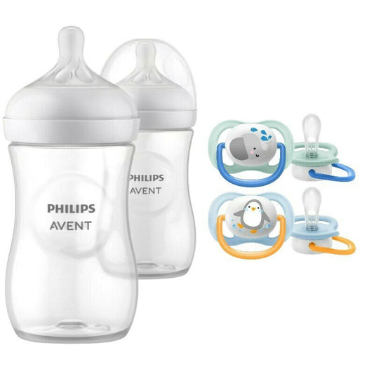 Set ingrijire Philips Avent: Biberon anticolici, Natural Response, 260 ml, 1 luni+, 2 buc + Suzete Ultra Air, 2 buc, 0-6 luni, Din silicon, Albastru/Portocaliu