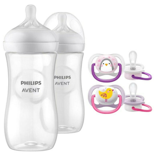Set ingrijire Philips Avent: Biberon anticolici, Natural Response, 330 ml, 3 luni+, 2 buc + Suzete Ultra Air, 2 buc, 0-6 luni, Din silicon, Roz/Mov