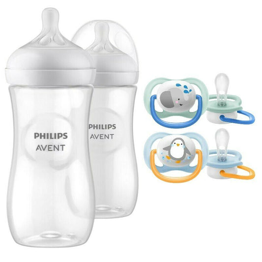 Set ingrijire Philips Avent: Biberon anticolici, Natural Response, 330 ml, 3 luni+, 2 buc + Suzete Ultra air, 0-6 luni, 2 buc, Din silicon, Albastru/Portocaliu