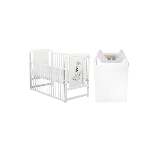Set mobilier pentru copii, BabyNeeds: Patut cu laterala culisanta, din lemn de pin si MDF, somiera reglabila in 3 trepte, Timmi Girafa, 120x60 cm + Saltea cocos-burete-cocos, 10 cm + Comoda cu masuta de infasat, Alb