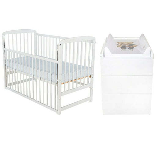 Set mobilier pentru copii, BabyNeeds: Patut din lemn de pin, cu laterala culisanta si somiera reglabila in 3 trepte, Ola, 120x60 cm + Saltea cocos-burete-cocos, 10 cm + Comoda cu masuta de infasat, Alb