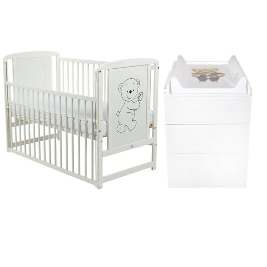 Set mobilier pentru copii, BabyNeeds: Patut din lemn de pin, cu laterala culisanta si somiera reglabila in 3 trepte, Timmi, 120x60 cm + Saltea cocos-burete-cocos, 10 cm + Comoda cu masuta de infasat, Alb