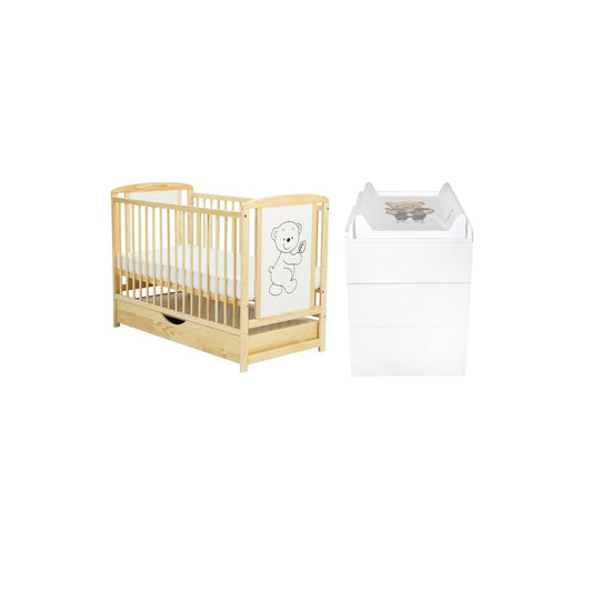 Set mobilier pentru copii, BabyNeeds: Patut din lemn de pin si MDF, cu sertar cu capac si somiera reglabila in 3 trepte, Timmi, 120x60 cm + Saltea cocos-burete-cocos, 10 cm + Comoda cu masuta de infasat, Alb/ Natur