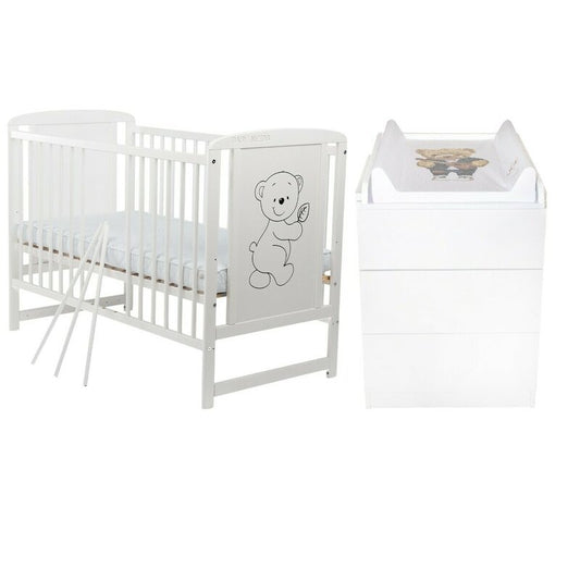 Set mobilier pentru copii, BabyNeeds: Patut din lemn de pin si MDF, cu somiera reglabila in 3 trepte, Timmi, 120x60 cm + Saltea cocos-burete-cocos, 10 cm + Comoda cu masuta de infasat, Alb