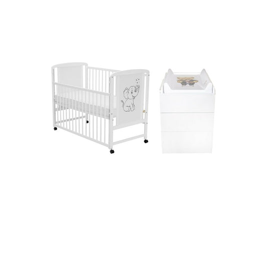Set mobilier pentru copii, Qmini: Patut din lemn de pin cu roti, cu laterala culisanta si somiera reglabila in 3 trepte, Timmi Elefant, 120x60 cm + Saltea cocos-burete-cocos, 12 cm + Comoda cu masuta de infasat, Alb