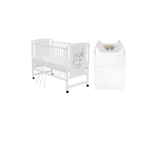 Set mobilier pentru copii, Qmini: Patut din lemn de pin si MDF cu roti, cu somiera reglabila in 3 trepte, Timmi Elefant, 120x60 cm + Saltea cocos-burete-cocos, 12 cm + Comoda cu masuta de infasat, Alb