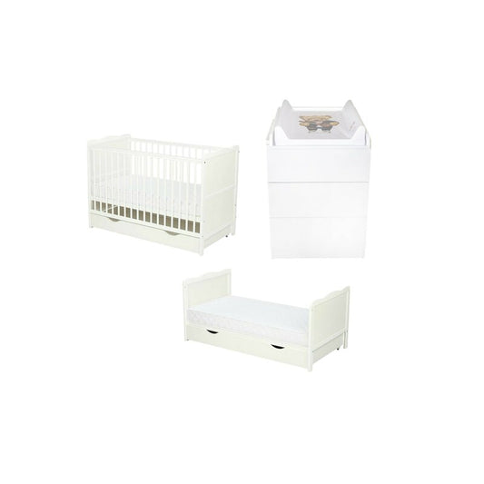 Set mobilier pentru copii, Qmini: Patut multifunctional din lemn de pin, cu sertar si somiera reglabila in 3 trepte, Julia, cu protectie dentitie, 120x60 cm + Saltea cocos-burete 8 cm + Comoda Qmini cu masa infasat, Alb